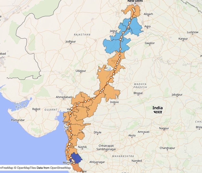 2024 Lok Sabha winners along the surveyed Delhi–Mumbai Expressway alignment